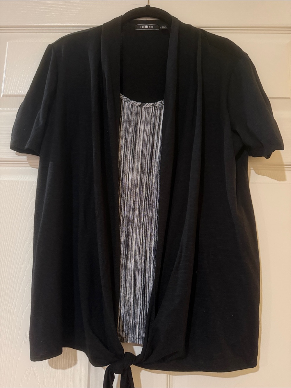Elementz Black Tie-Front Short Sleeve Cardigan with Striped Tank